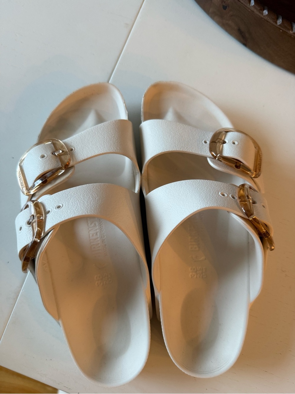 Birkenstock Rubber White Double-Strap Sandals with Tortoiseshell Buckles